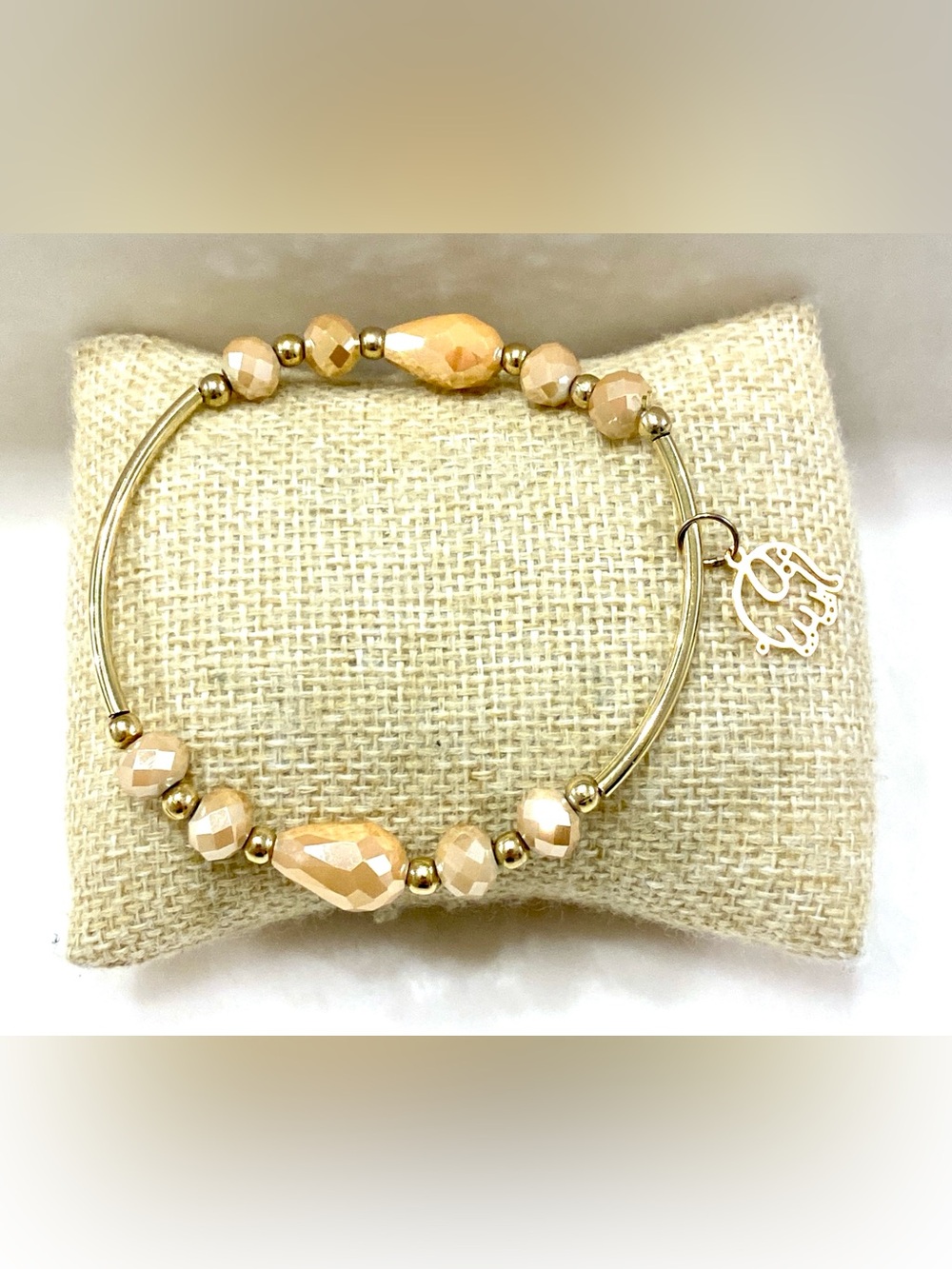 Peach Bead and Gold-Tone Charm Bangle Bracelet Elephant Charm